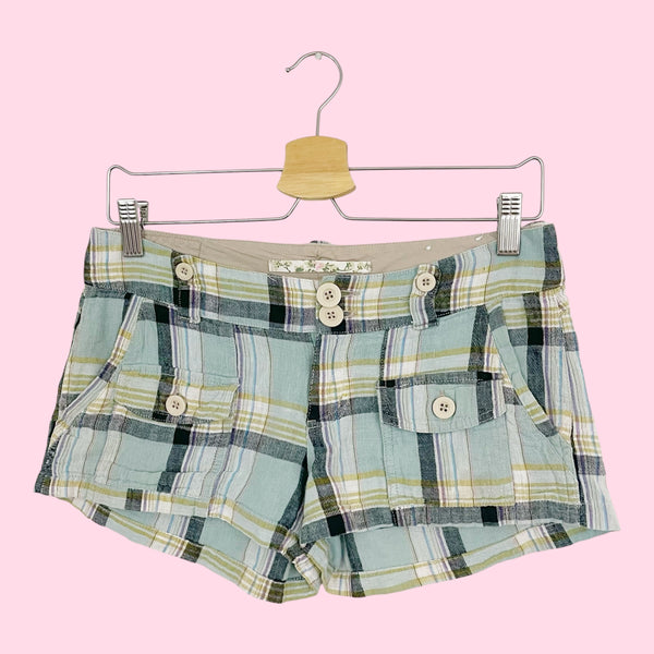 BLUE PLAID LINEN BLEND LOW RISE SHORTS (S)
