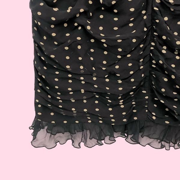 BLACK + TAN RUCHED SILK MIDI DRESS (2)