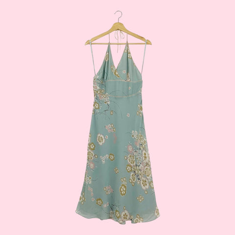 FLORAL SILK HALTER MIDI DRESS (M)