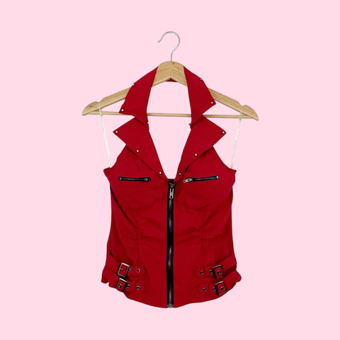 RED STUDDED HALTER TOP (M)