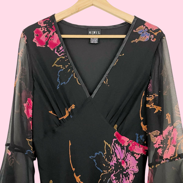 BLACK FLORAL SILK BELL SLEEVE MIDI DRESS (12)