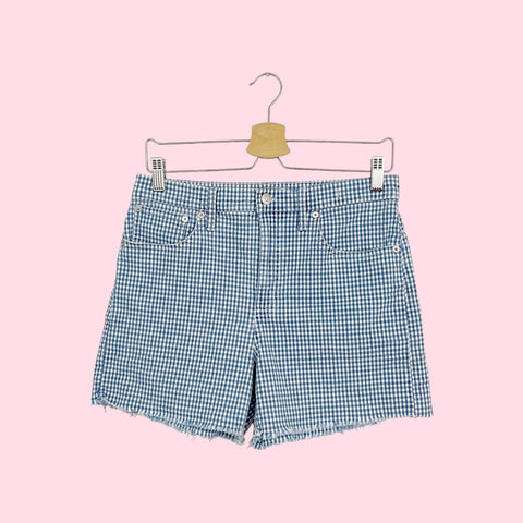 MADEWELL GINGHAM HIGH-RISE DENIM SHORTS (28)