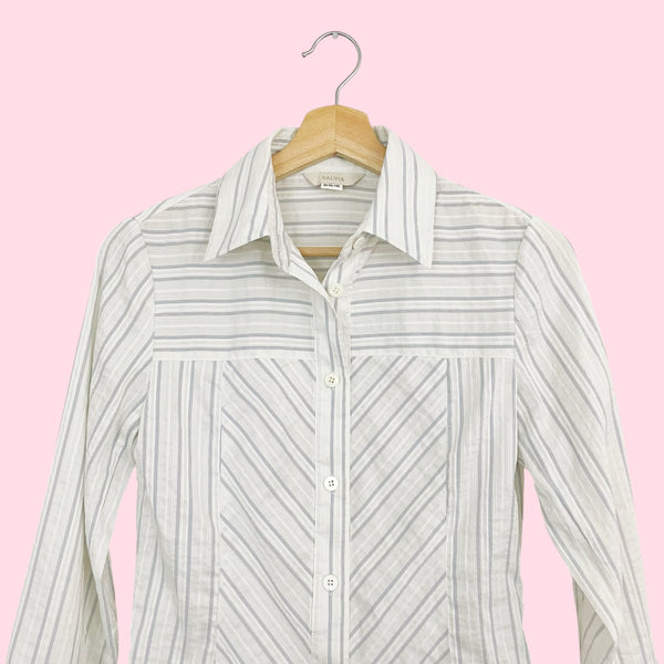 White + Blue Striped Button Up Blouse (S)