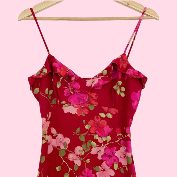 RED FLORAL RUFFLE MIDI DRESS (S)