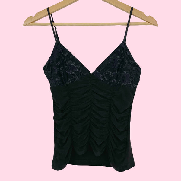 BLACK RUCHED TANK TOP W/ LACE CUP (S)