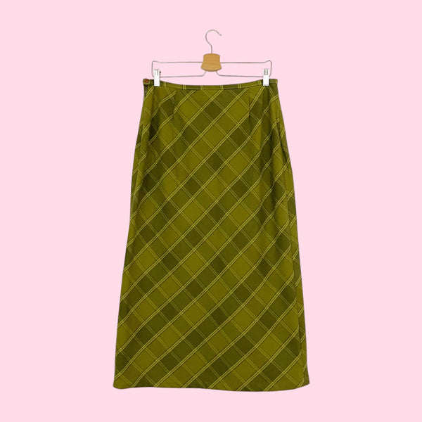 OLIVE GREEN PLAID MAXI SKIRT (L)