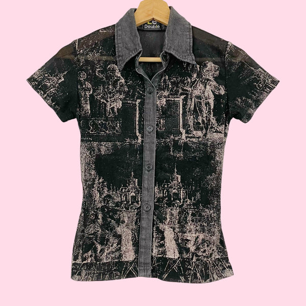 PRINTED MESH BLOUSE W/ DENIM TRIM (XS)
