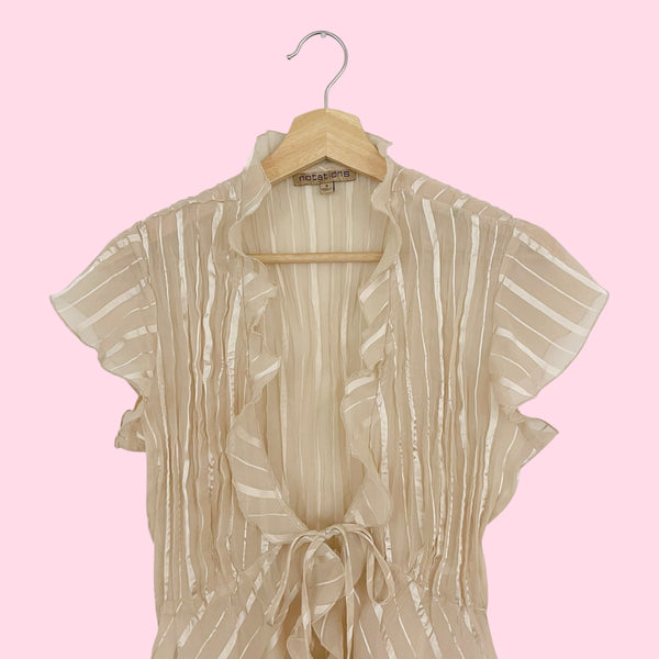 Y2K BEIGE SHEER STRIPED TIE FRONT TOP (S)