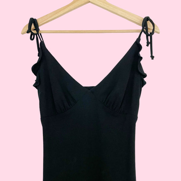 BLACK RUFFLE TIE STRAP MIDI DRESS (S/M)