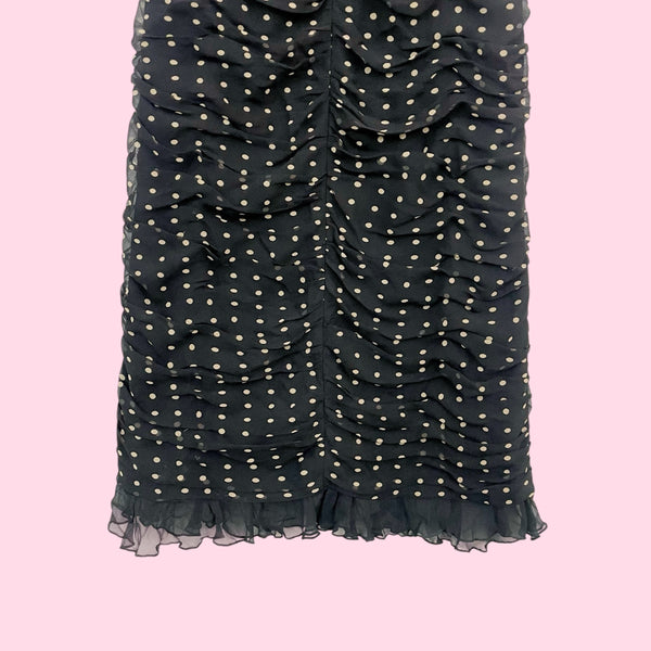 BLACK + TAN RUCHED SILK MIDI DRESS (2)