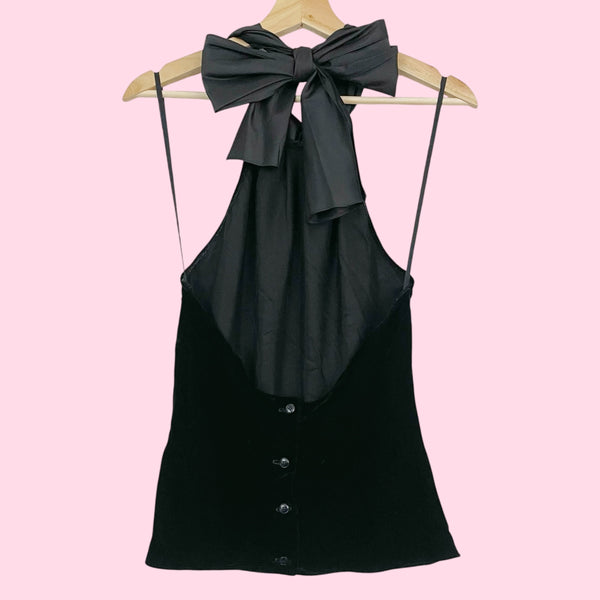 BLACK VELVET TIE HALTER TOP (M)