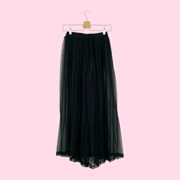 BLACK PLEATED SHEER WIDE LEG PANTS (S)