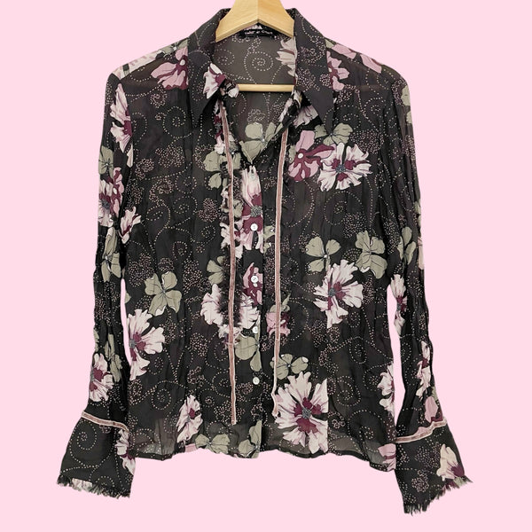BROWN FLORAL PRINT WRINKLE BLOUSE (L)