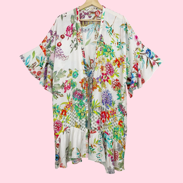 JOHNNY WAS FLORAL TIE FRONT RUFFLE KIMONO (XS)