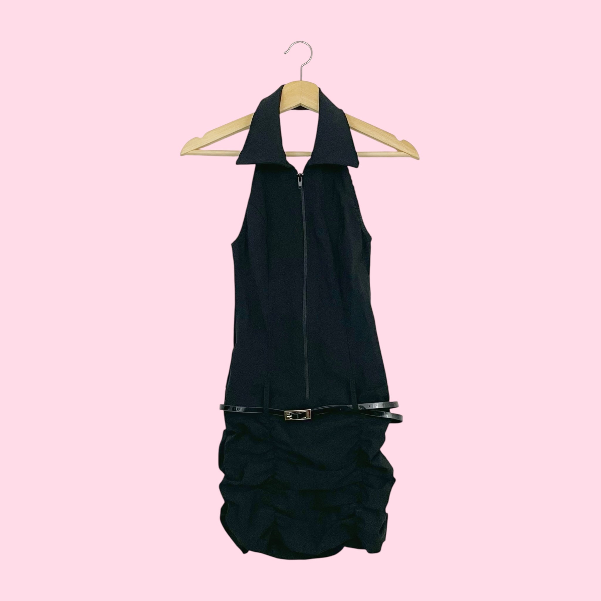BLACK STRETCH HALTER MINI DRESS (S)