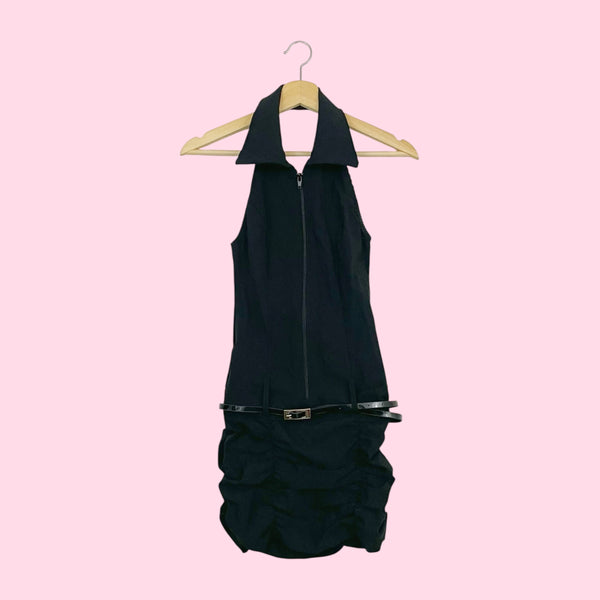 BLACK STRETCH HALTER MINI DRESS (S)