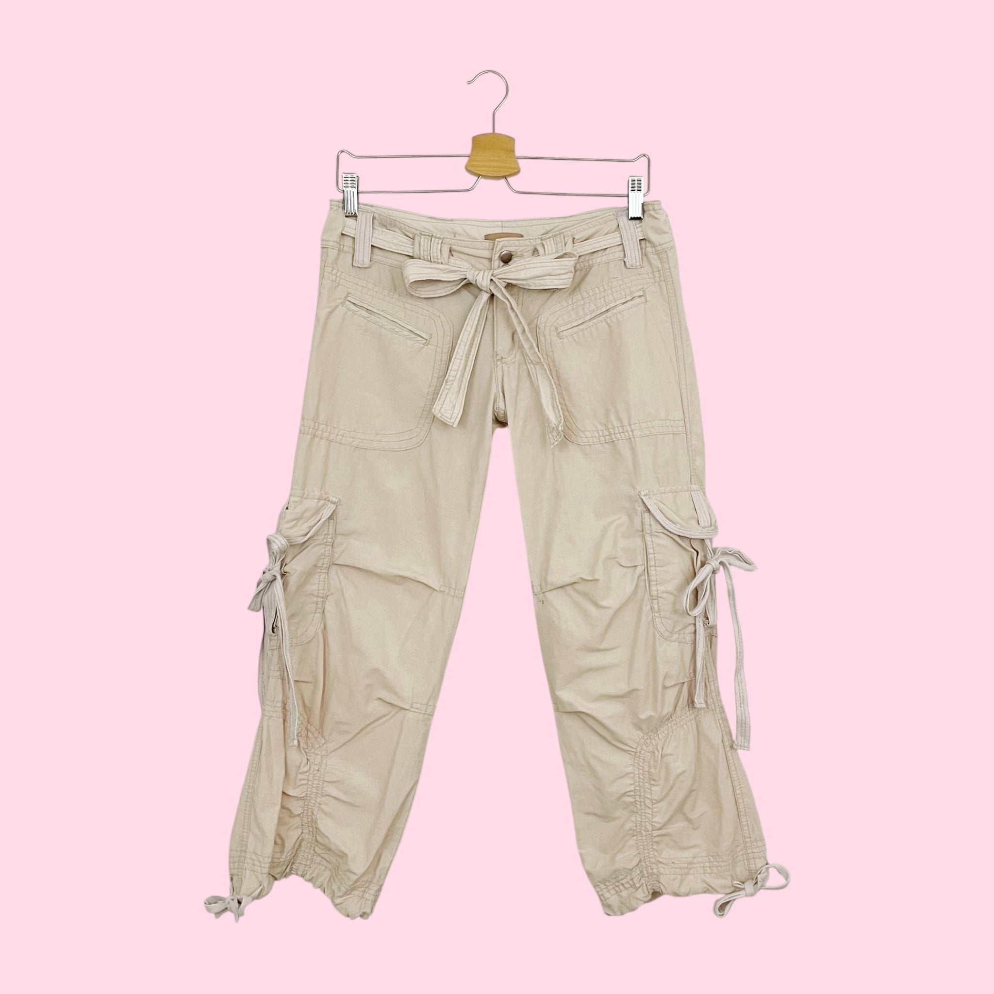 BEIGE STRAPPY CARGO CAPRI PANTS (S)