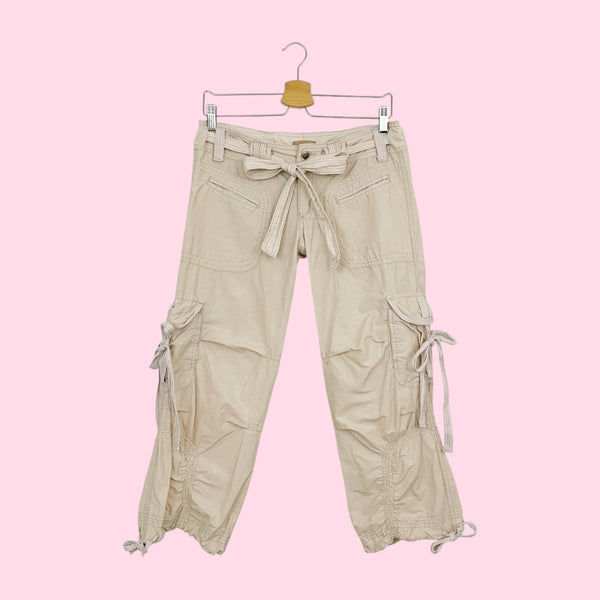 BEIGE STRAPPY CARGO CAPRI PANTS (S)