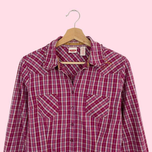 Burgundy Plaid Button Up Blouse (L)