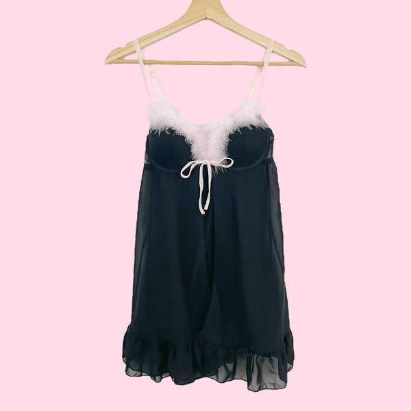 BLACK BABYDOLL W/ PINK FEATHER TRIM (S)