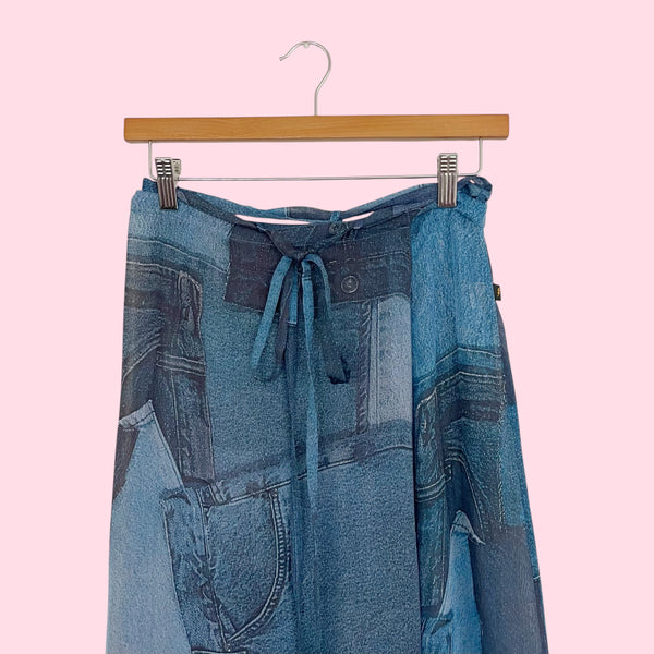 Denim Print Sheer Wrap Skirt (S)