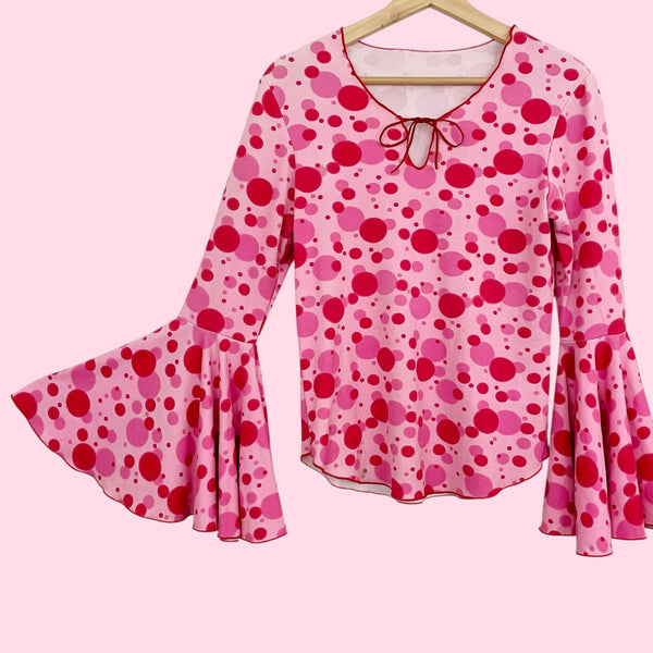 PINK + RED DOT PRINT BELL SLEEVE TOP (L/XL)