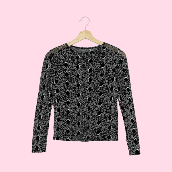 BLACK + WHITE EMBROIDERED MESH TOP (S)