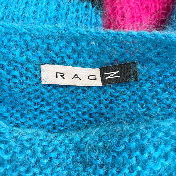 BLUE + PINK PATTERNED MOHAIR SWEATER (L)