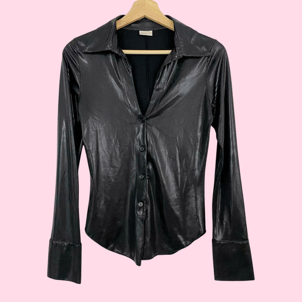 BLACK SHIMMER WET LOOK BLOUSE (S)