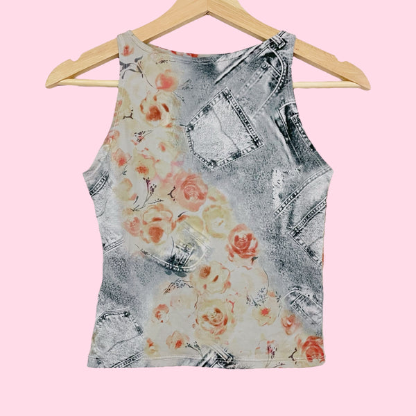 GRAY DENIM ROSE PRINT TANK (XS/S)