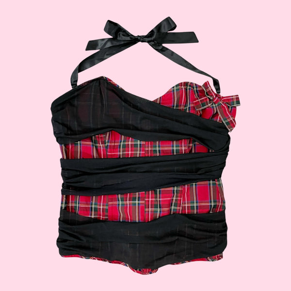 FREDERICK'S RED TARTAN PLAID CORSET W/ MESH OVERLAY (XL)