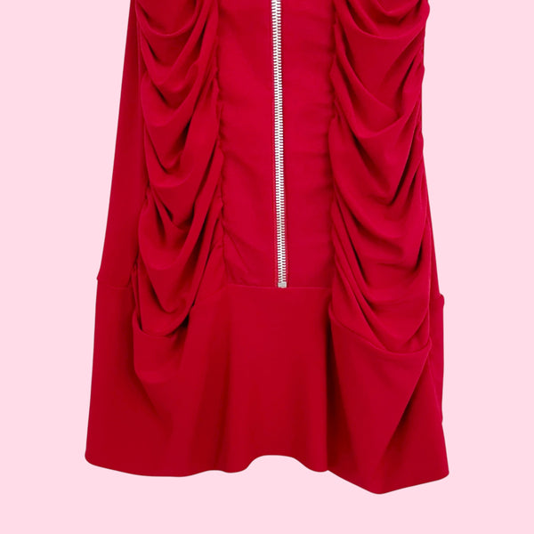 RED RUCHED ZIP UP MINI DRESS (M)