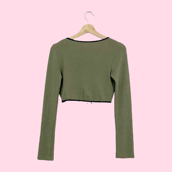 OLIVE GREEN TIE FRONT CROPPED CARDIGAN (S)