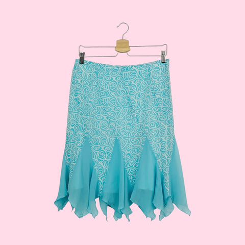 AQUA + WHITE PRINTED SILK MIDI SKIRT (S)