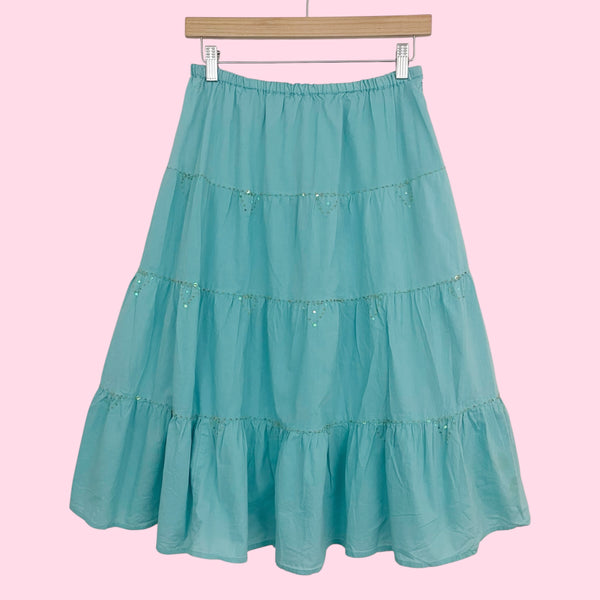 Aqua Cotton Tiered Midi Skirt w/ Sequins (S/M)