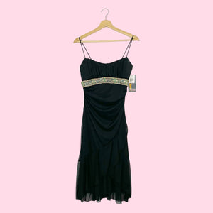 BLACK BEADED GATHERED MIDI DRESS (M)