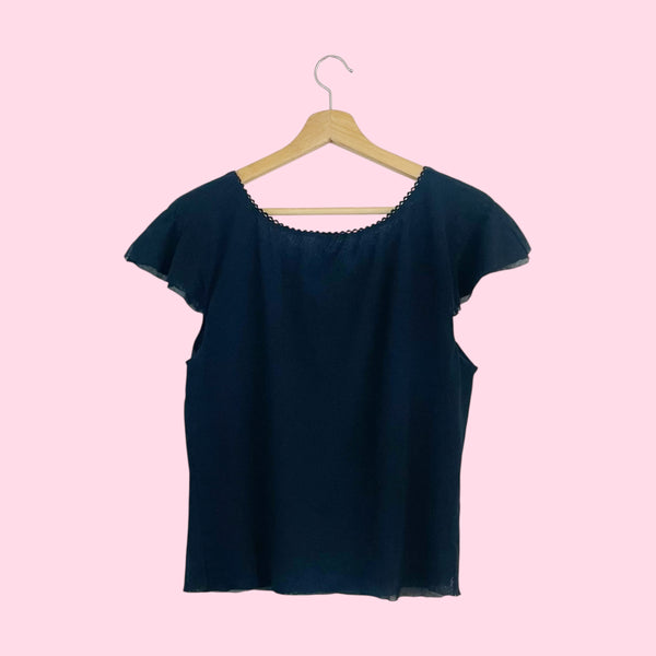 Black Mesh Flutter Sleeve Top (L)