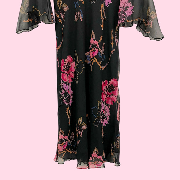 BLACK FLORAL SILK BELL SLEEVE MIDI DRESS (12)