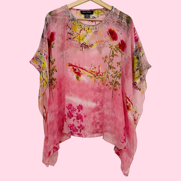 Y2K PINK EMBELLISHED SILK SCARF BLOUSE (S/M)