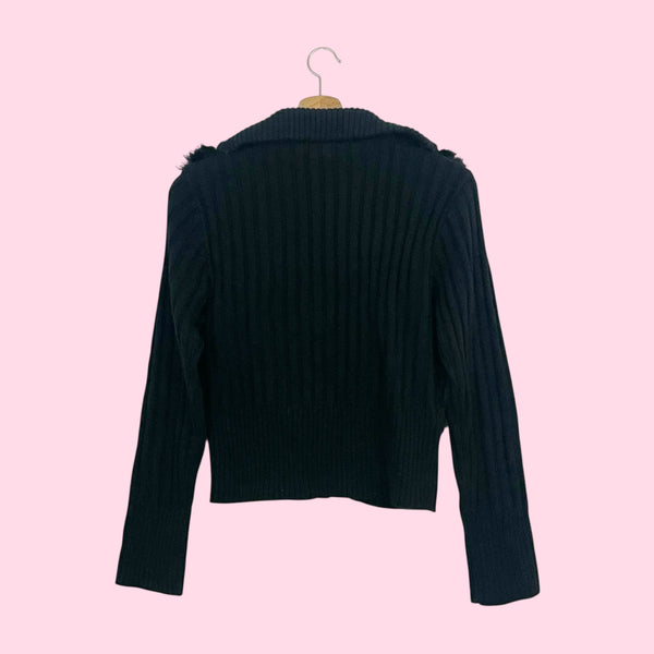 BLACK FUR PANEL KNIT CARDIGAN JACKET (M)