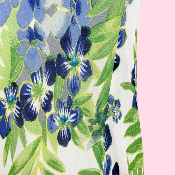 FLORAL PRINT RAYON MAXI DRESS W/ ASYMMETRICAL STRAPS (M)