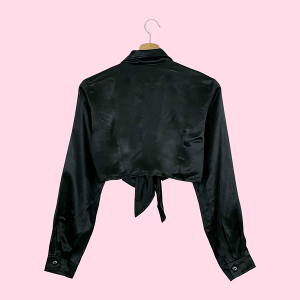 BLACK SATIN TIE FRONT CROPPED BLOUSE (S/M)