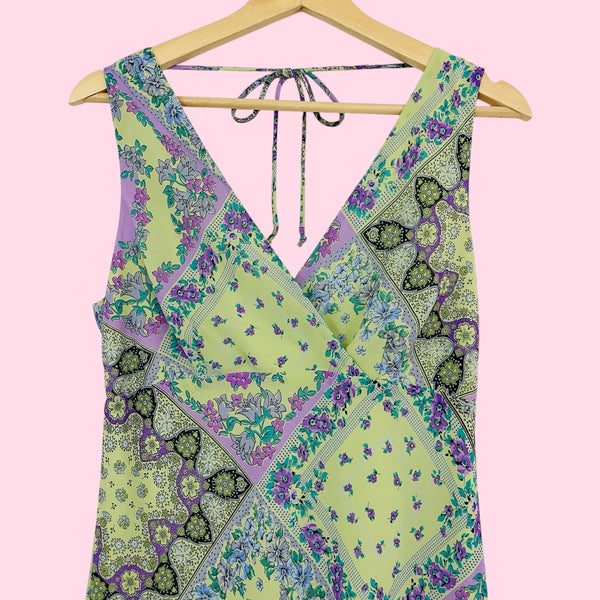 GREEN PATCHWORK PRINT MIDI DRESS (M)