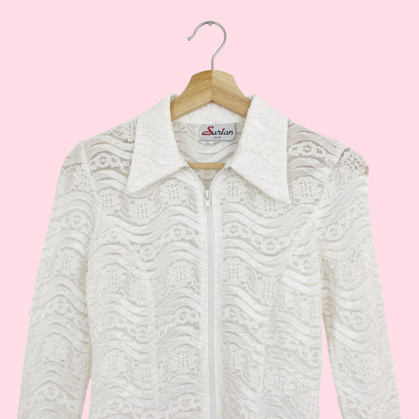 WHITE LACE ZIP UP BLOUSE (XS/S)