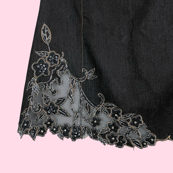 DARK 'DENIM' BEADED FLORAL CUT OUT MIDI SKIRT (S/M)