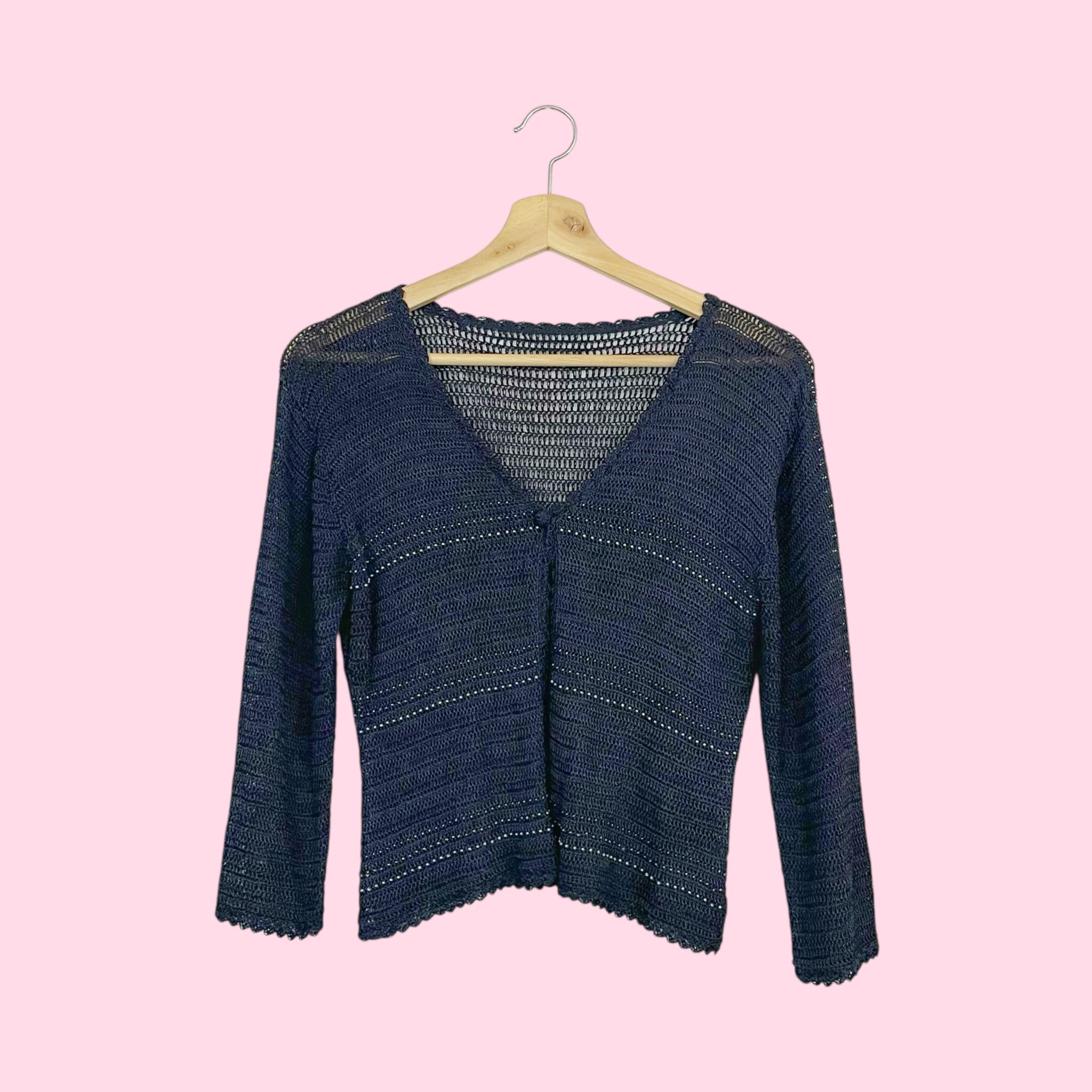 NAVY BLUE BEADED KNIT OPEN FRONT CARDIGAN (S/M)