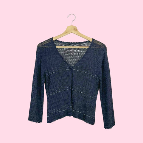 NAVY BLUE BEADED KNIT OPEN FRONT CARDIGAN (S/M)