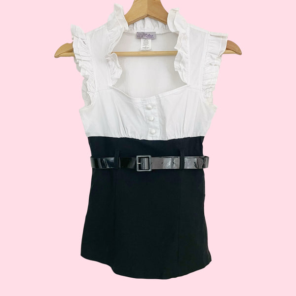 Y2K Black + White Stretch Office Top w/ Belt (S)