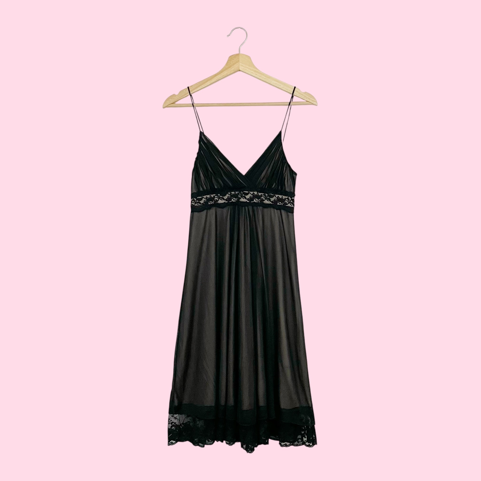 BLACK + TAN MESH LACE TRIM MIDI DRESS (S)