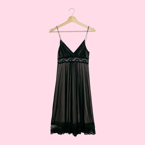 BLACK + TAN MESH LACE TRIM MIDI DRESS (S)